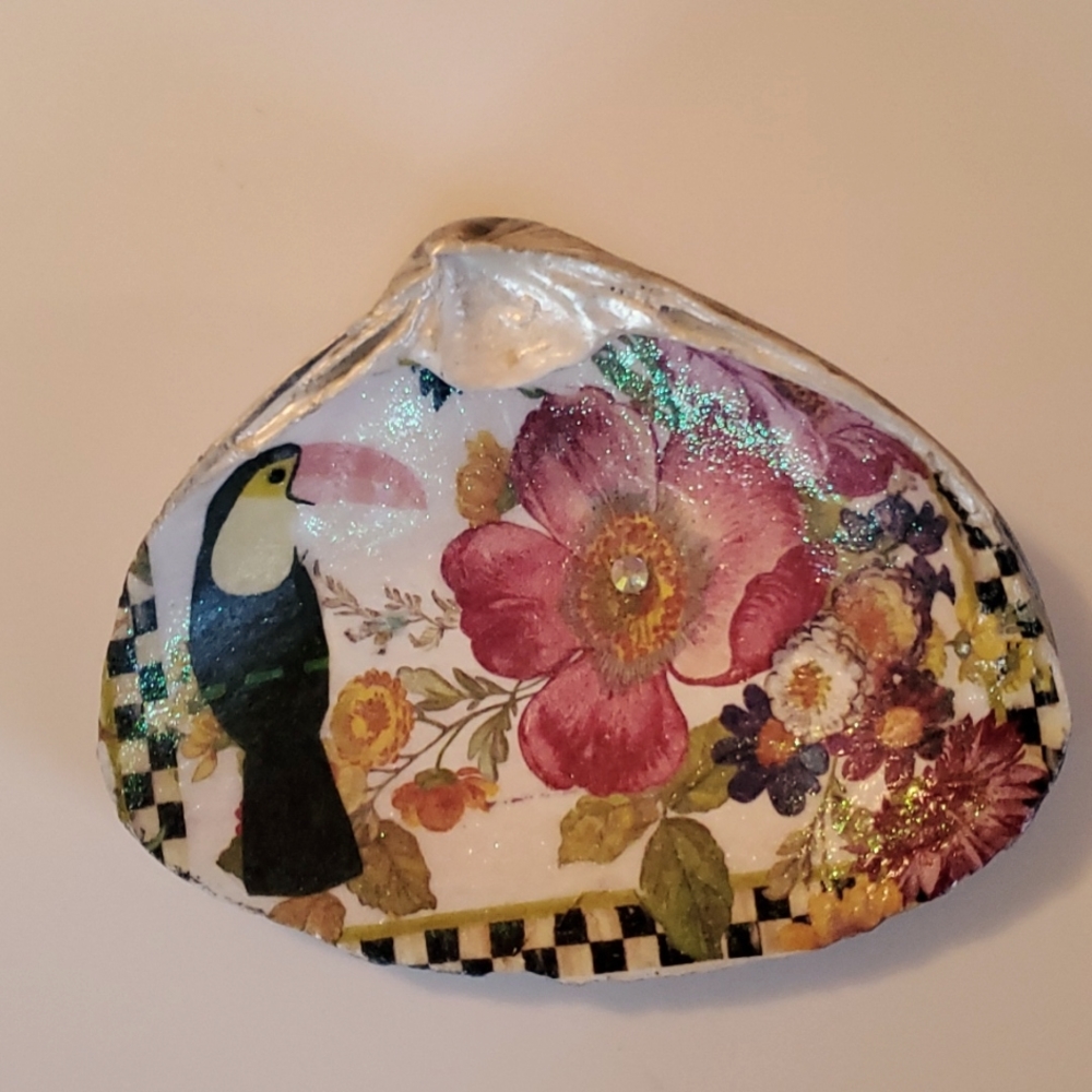 Decoupaged seashell handcrafted coastal beach home decor ring dish trinket